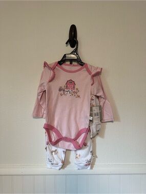 NWT Rugged Bear Baby Girls Pink Farm Barnyard Bodysuit & Pants Set 6-9M